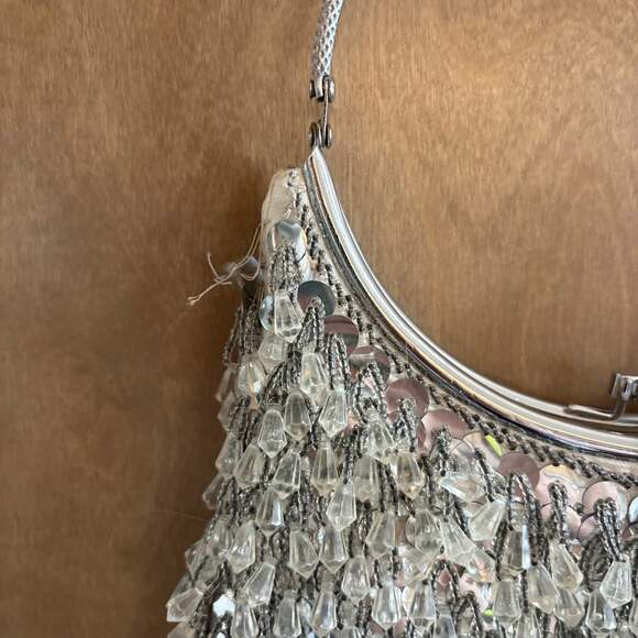 Vintage Walborg Richere Silver Beaded Fringe Evening Bag Metal Handle